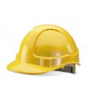 Premium Yellow Vented Safety Helmet with Rain Gutters and Ratchet Harness