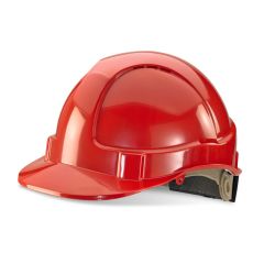 Premium Red Vented Safety Helmet with Rain Gutters and Ratchet Harness
