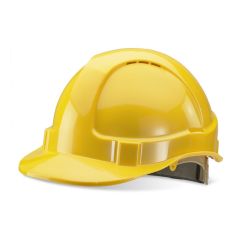 Premium Yellow Vented Safety Helmet with Rain Gutters and Ratchet Harness