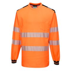 PW3 Workwear High Vis T185 Orange Black Long Sleeve Work T Shirt